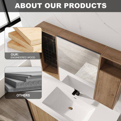 Wall Mounted Bathroom Mirror Cabinet & Adjustable Shelves Storage Cabinet - Imitative Oak