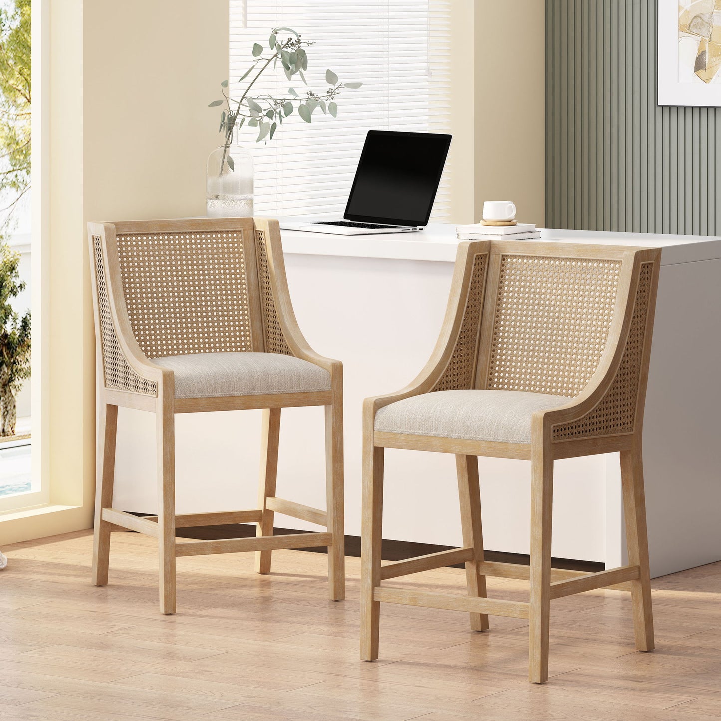 French Country Fabric Upholstered Counter Stools (Set of 2)
