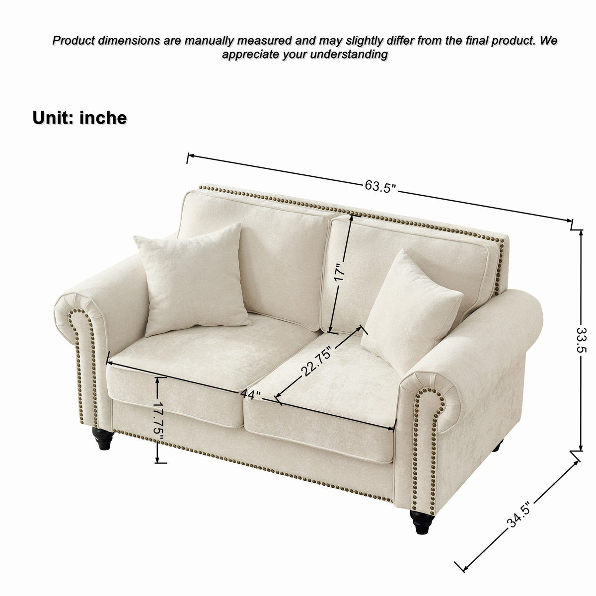 2 Seater Sofa With Rolled Arms, Tufted Upholstered Couch