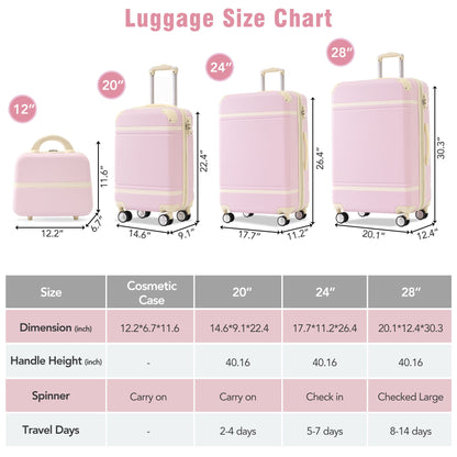 Hardshell Luggage Set 4 Pieces With Tsa Lock 20" / 24" / 28" Spinner Suitcase Lightweight - Light Pink