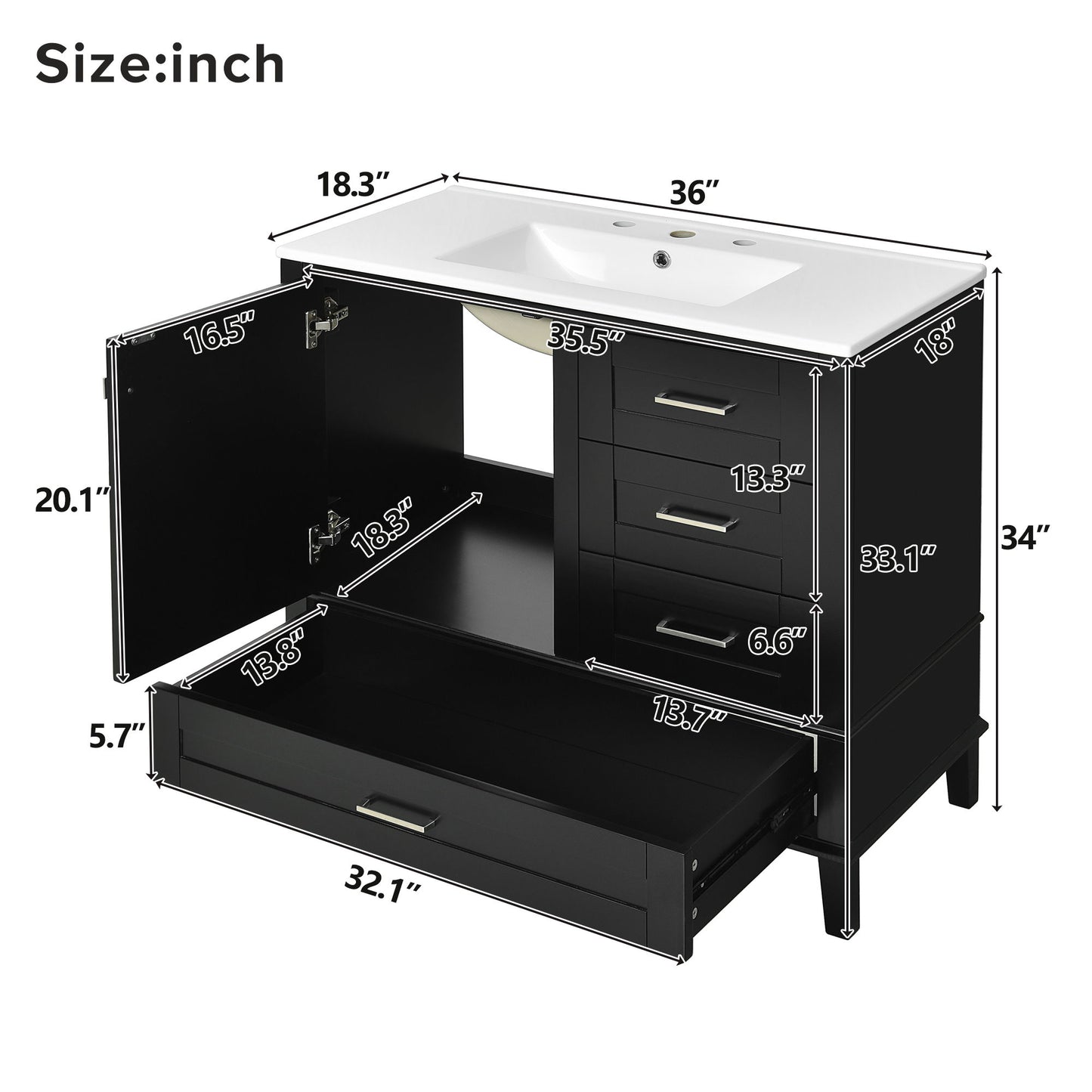Bathroom Vanity, Modern Bathroom Cabinet With Sink Combo Set, Bathroom Storage Cabinet With A Soft Closing Door And 3 Drawers, Solid Wood Frame
