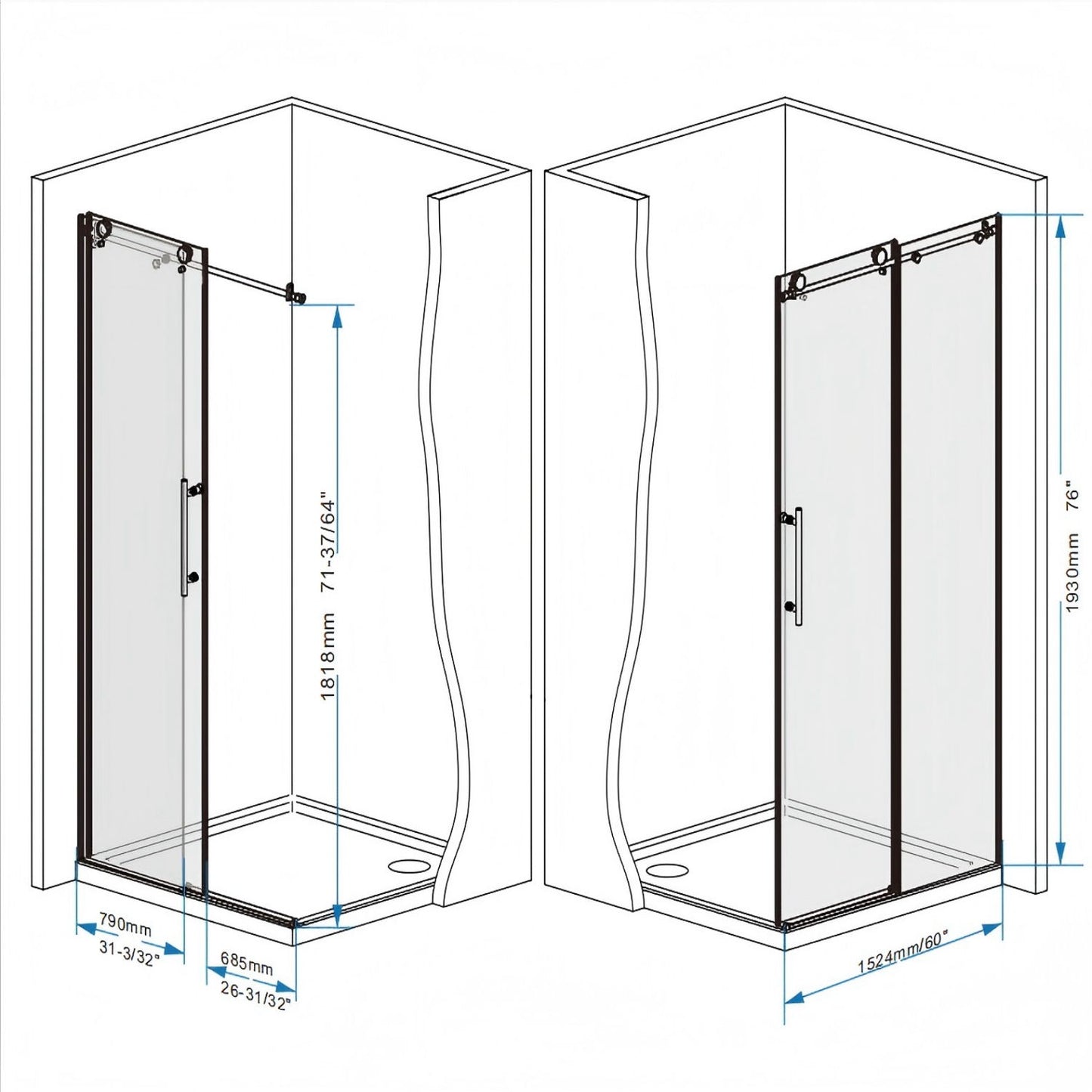 Frameless Shower Door, Smooth Sliding Tracks