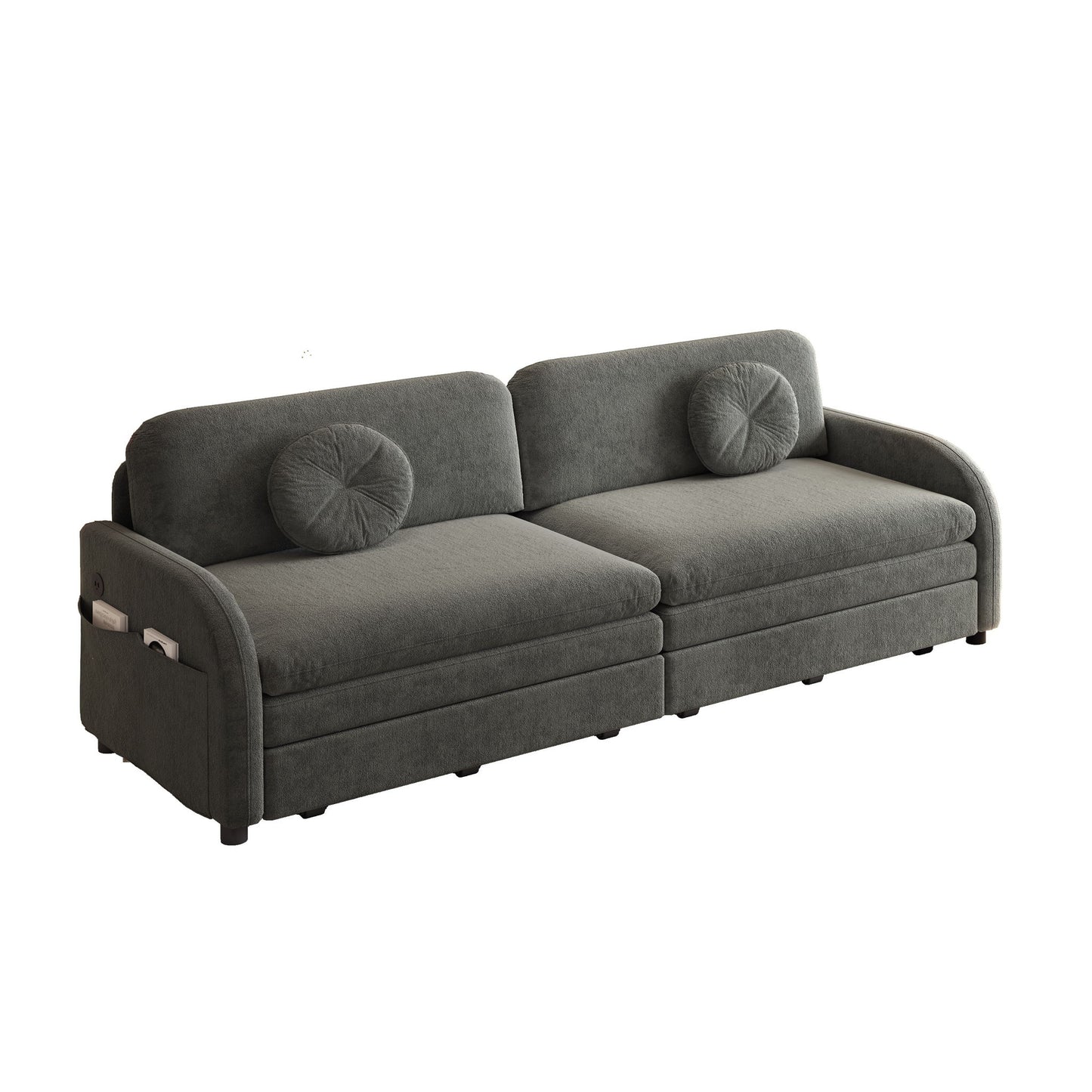 Upholstered Pull Out Couch With Side Pocket & USB Port
