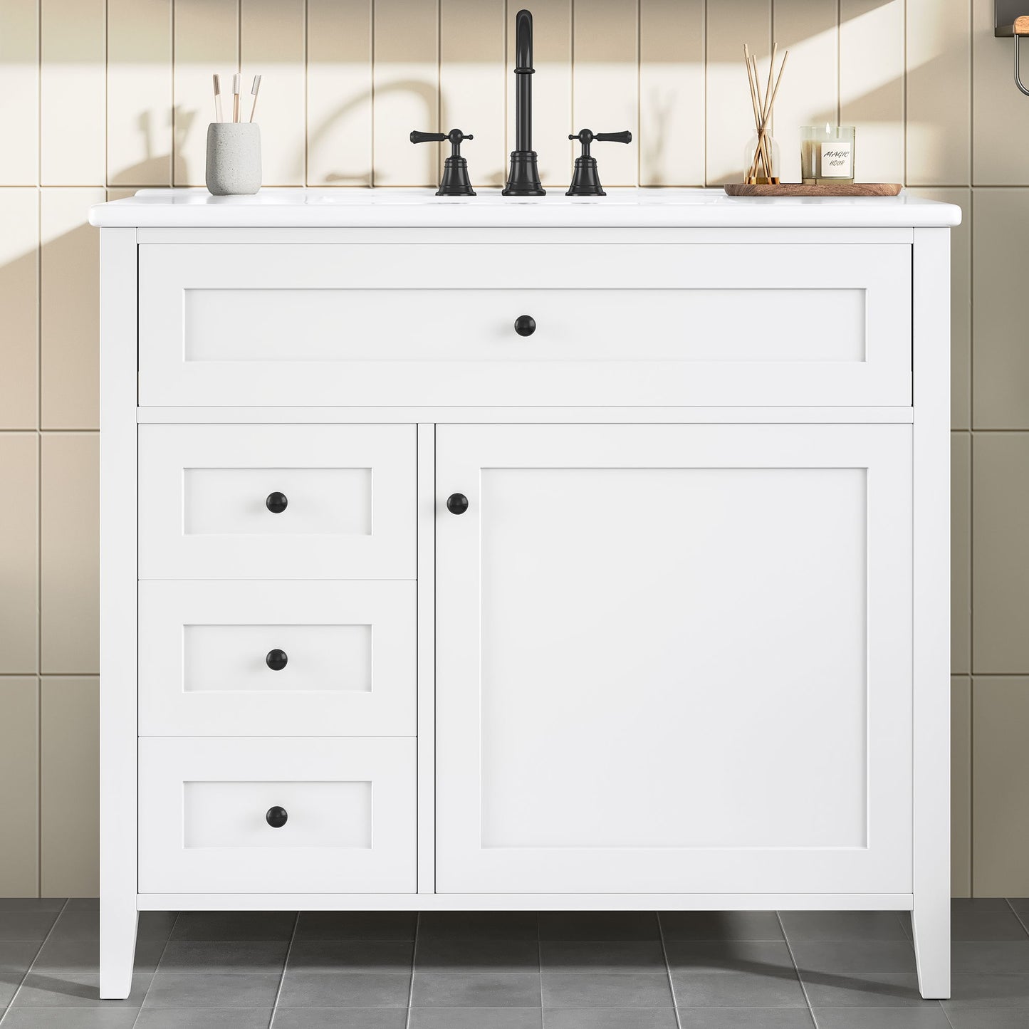 Bathroom Vanity With Sink, 3 Drawers & Cabinet With Adjustable Shelves