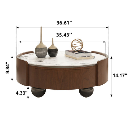Round Coffee Table With Ball Feet, Dual Storage Drawers For Living Room - Walnut Brown