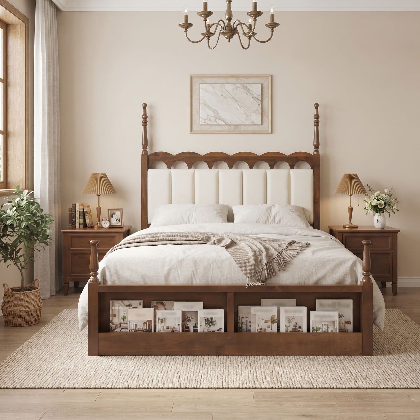 Platform Bed Frame With Tufted Upholstered Scallop Headboard