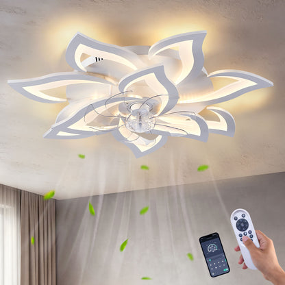 32" Flower Ceiling Fan With LED Dimmable Light, Low Profile Flush Mount Fan With Remote Control, 6 Speeds