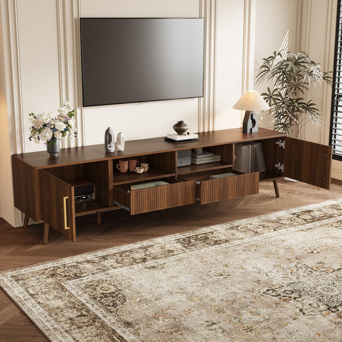 78" TV Stand For 85" TVs With Fluted Doors, Open Shelf, Cable Management - Walnut