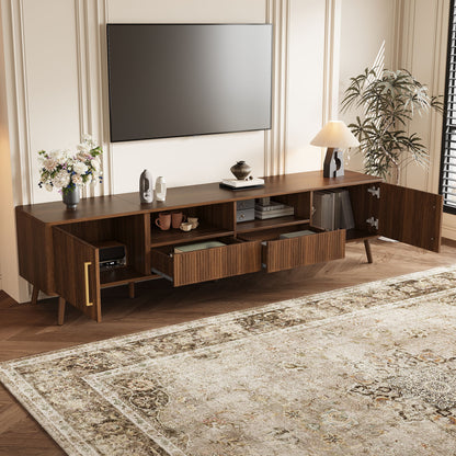 78" TV Stand For 85" TVs With Fluted Doors, Open Shelf, Cable Management - Walnut
