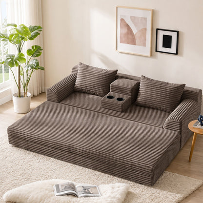 Soft Striped Convertible Sofa Bed, Dual Use Lounge Couch With Cup Holders And Pillows