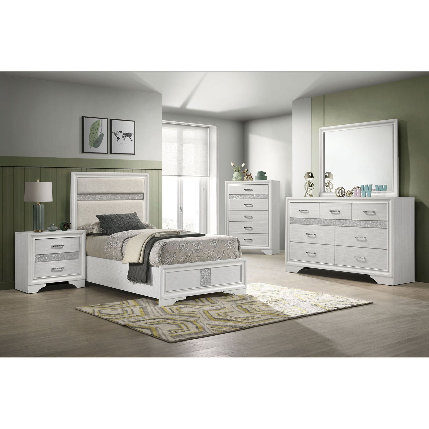 Modern Bedroom Set With Upholstered Headboard And Textured Storage