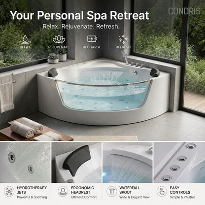 Revive - Massage Bathtub With 1.5 Hp Whirlpool Massage, Hidden Waterfall, LED Bubble Jets And Glass Accent - White