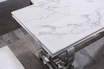 Modern Rectangular Marble Printing Dining Table, Double U Shape Stainless Steel Base With Mirrored Finish