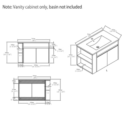 Floating Bathroom Vanity Cabinet, Soft Close Double Drawers, Open Side Storage, Wall Mounted, Cabinet Only