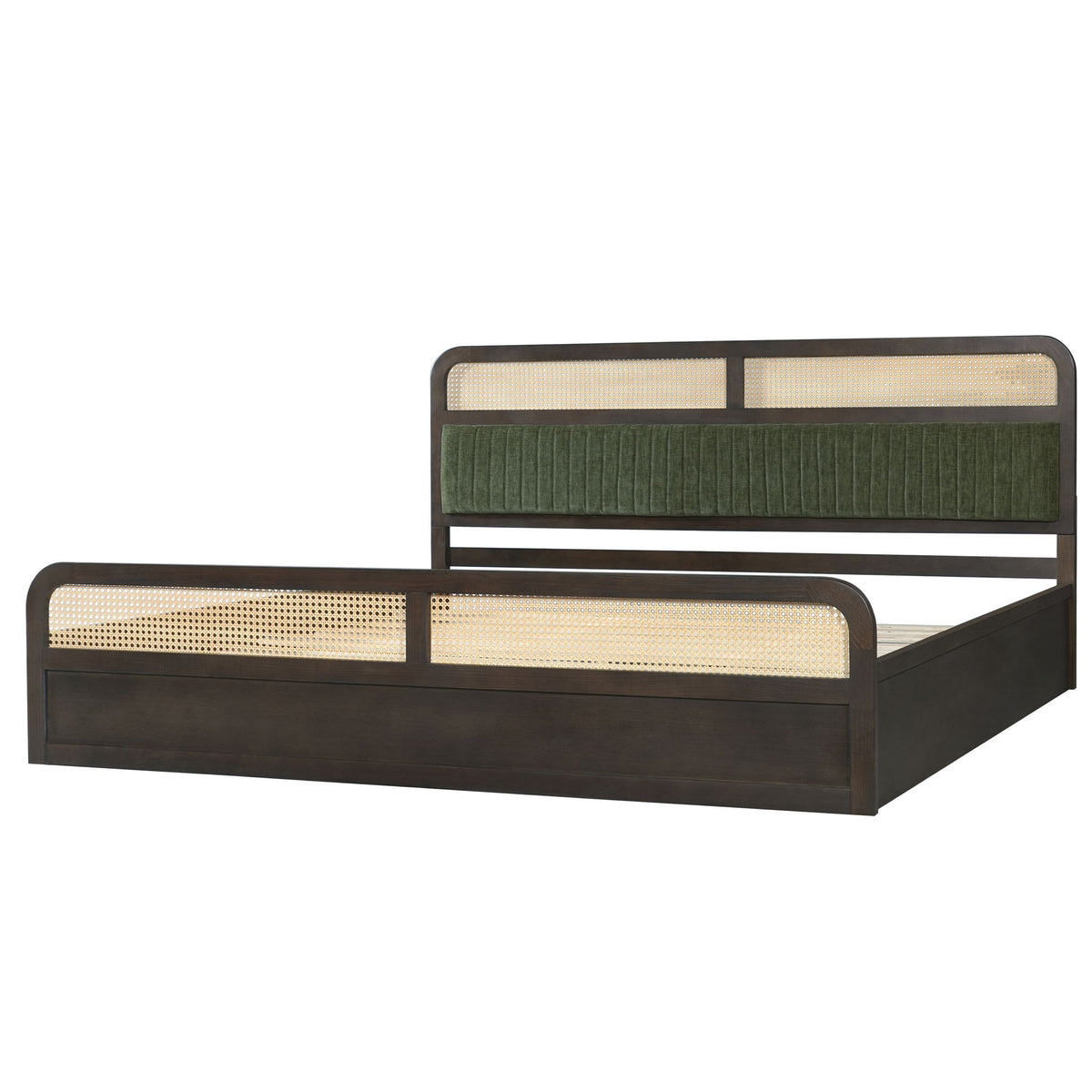 Platform Bed Frame With Rattan & Upholstered Headboard