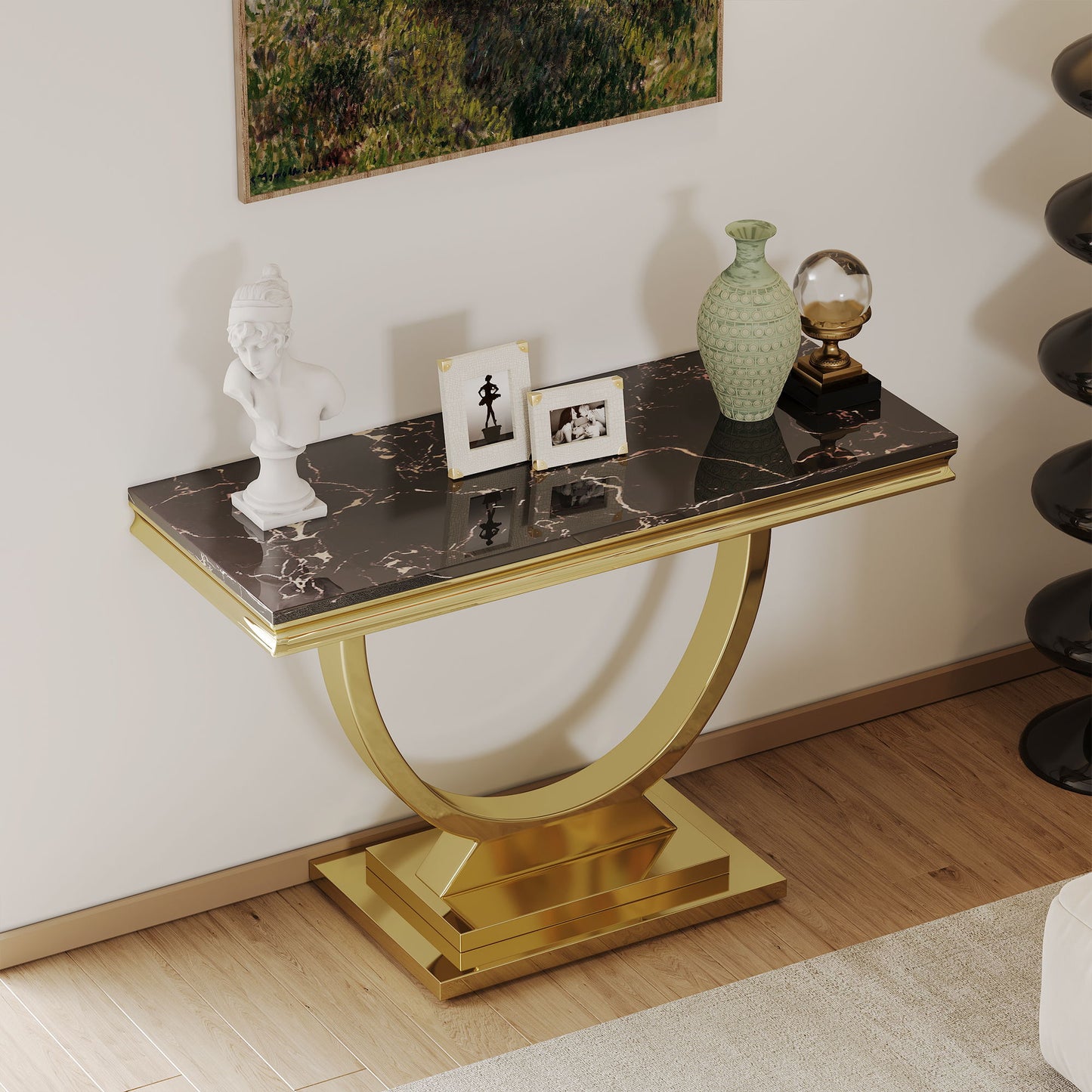 Modern Rectangular Marble Printing Console Table, U Shape Stainless Steel Base - Black
