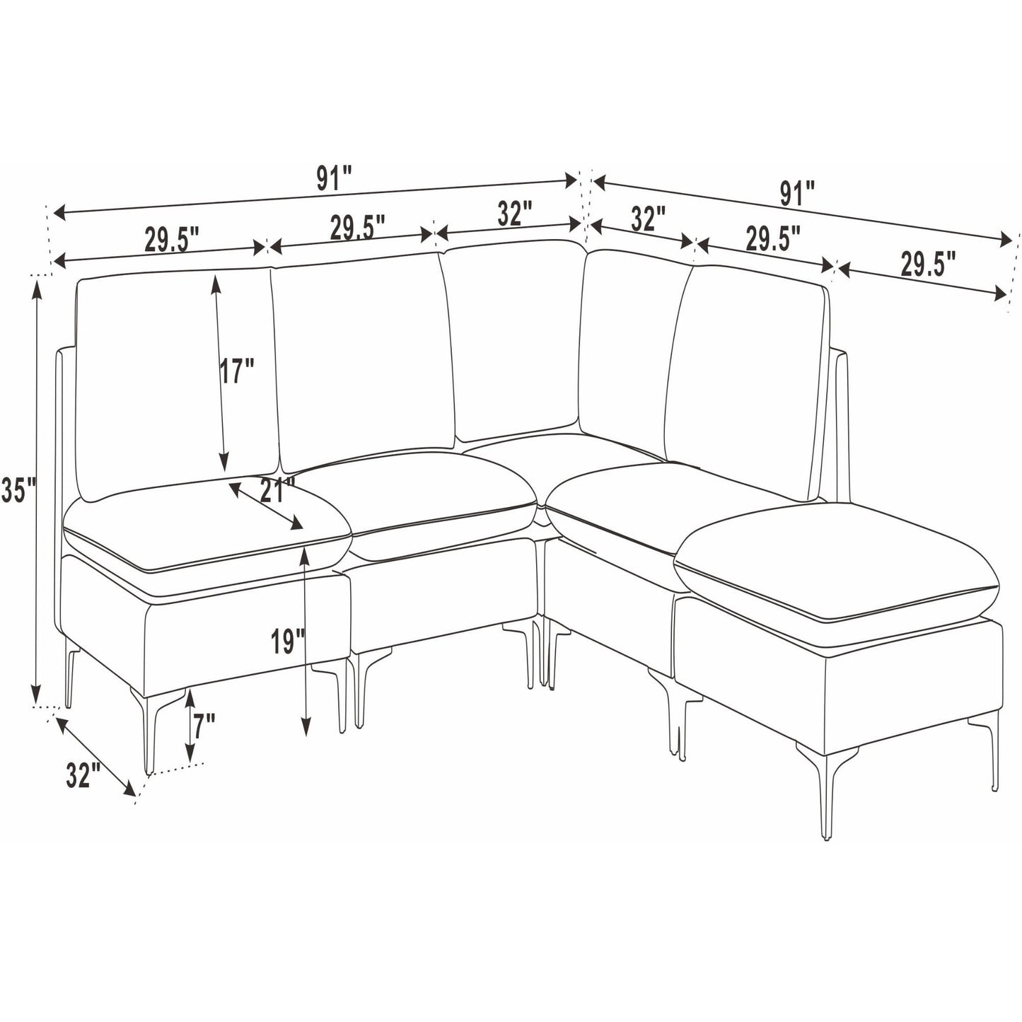 Upholstered Modular Sectional With Tall Legs, Medium Firm Seat
