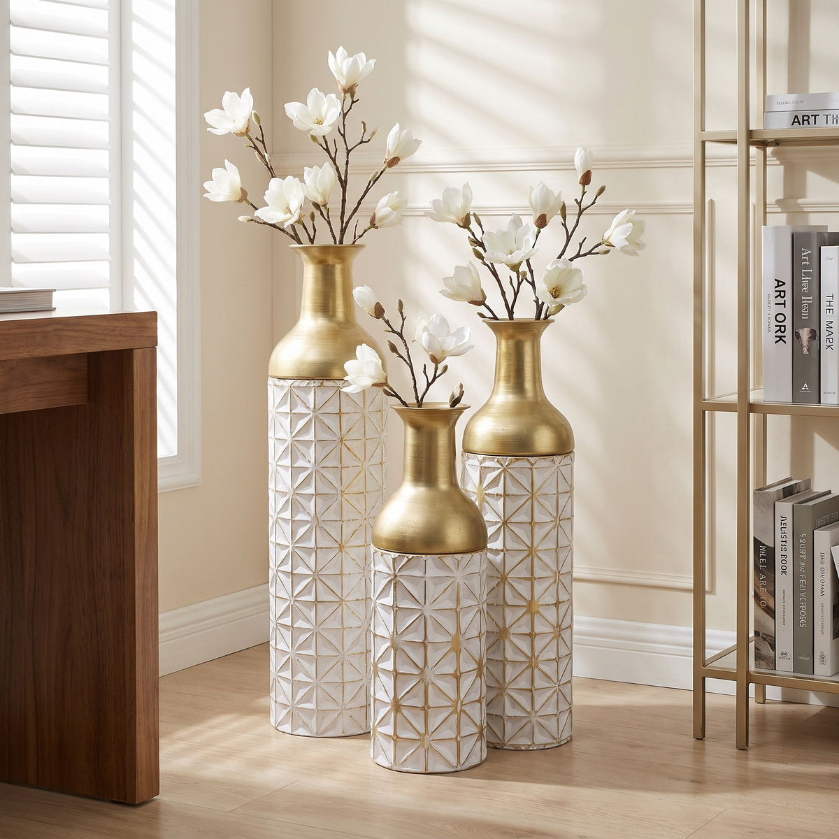 Tall Textured Geometric Decorative Floor Vases Home Decor (Set of 3) - White / Gold