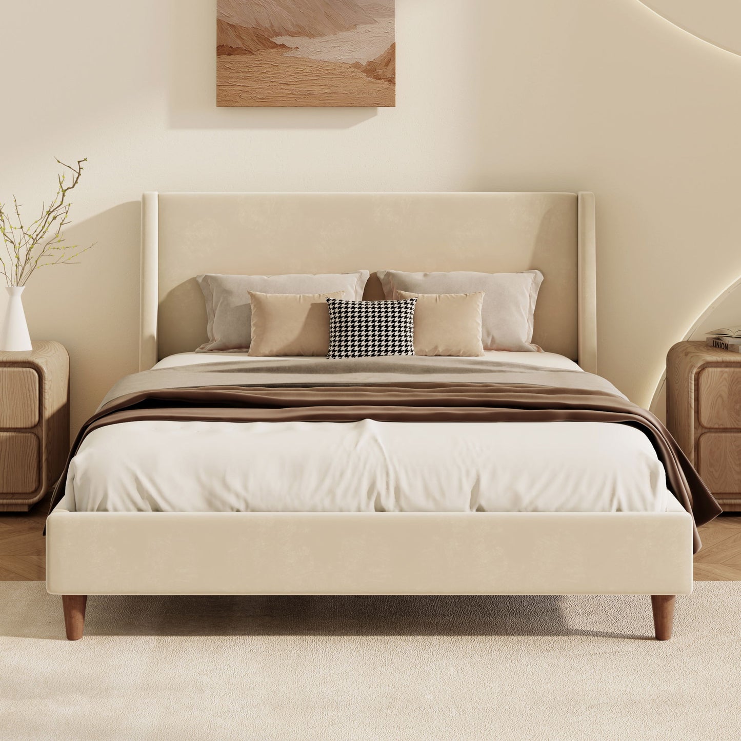 Upholstered Modern Platform Bed With Wingback Headboard