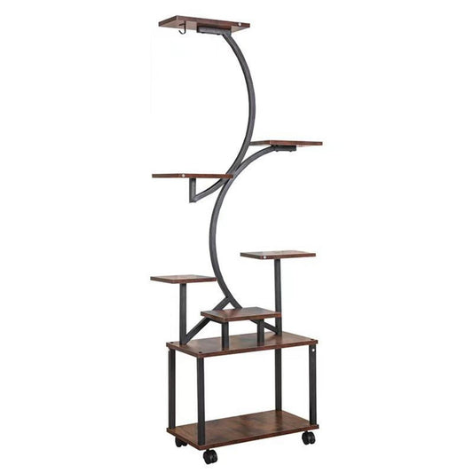 8 Tier Indoor Plant Stand With Grow Lights, S Shaped Metal Shelf For Multiple Plants - Black / Dark Walnut