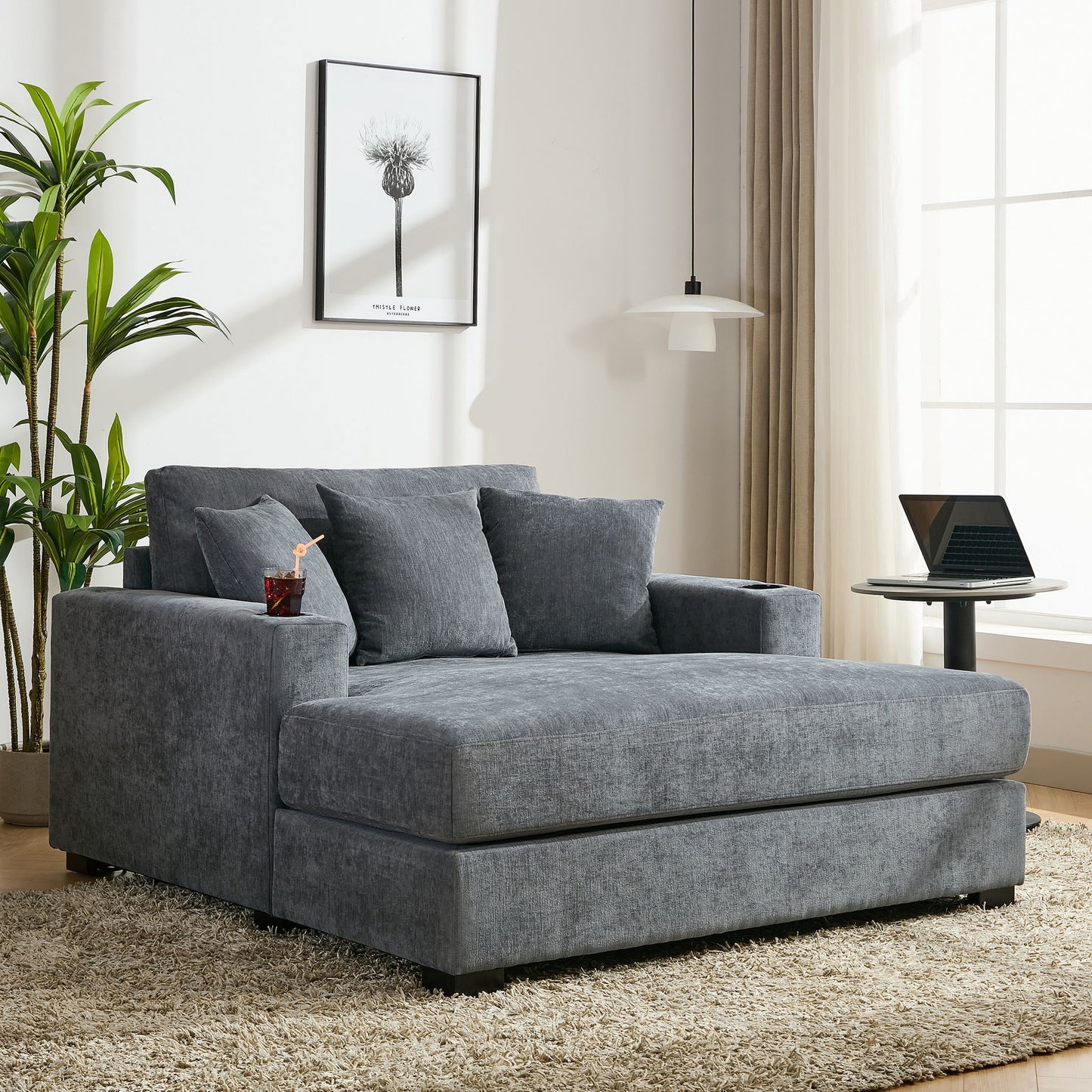 Oversized Chaise Lounger Modern Style Sofa Couch With Pillows, Charge Station & Cup Holders
