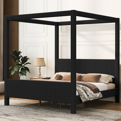 Upholstered Canopy Platform Bed With Headboard And Footboard, Vertical Ribbed Design