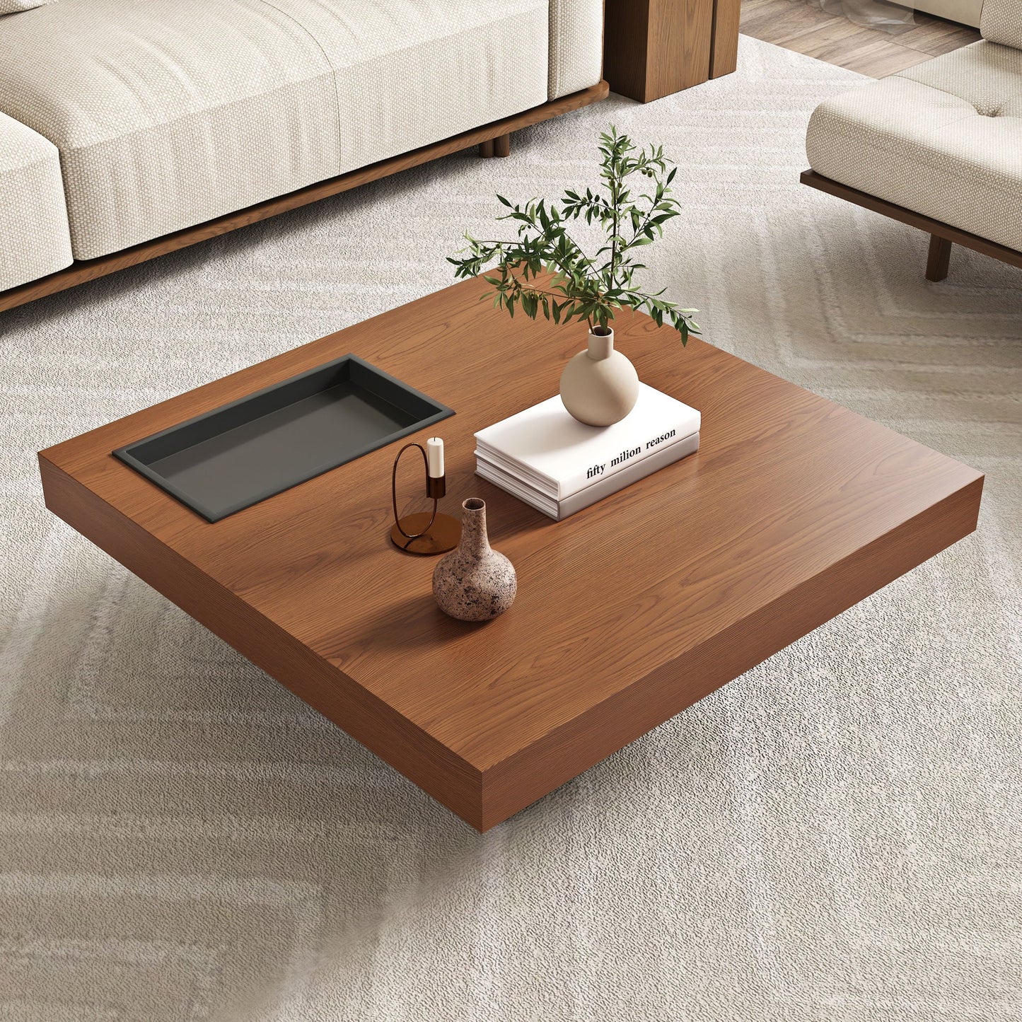 Square Floating Coffee Table For Living Room - Dark Walnut