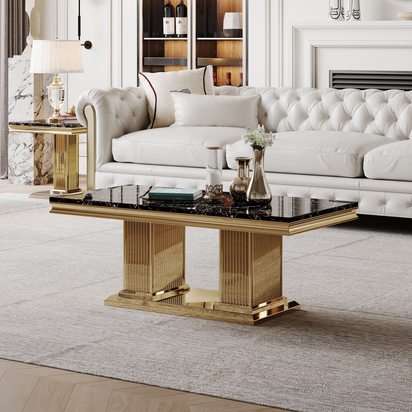Marble Printed Top Rectangular Table, Stainless Steel Base With Mirrored Finish