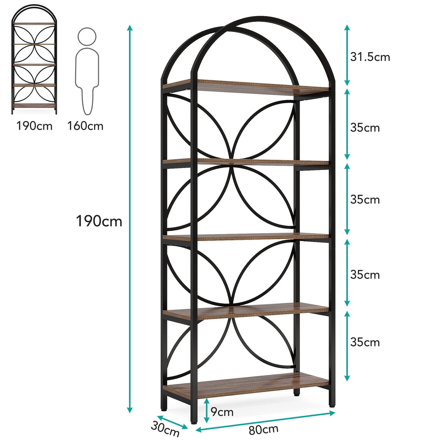 Tall 5 Tier Arched Bookshelf With Shelves For Living Room - Rustic Brown