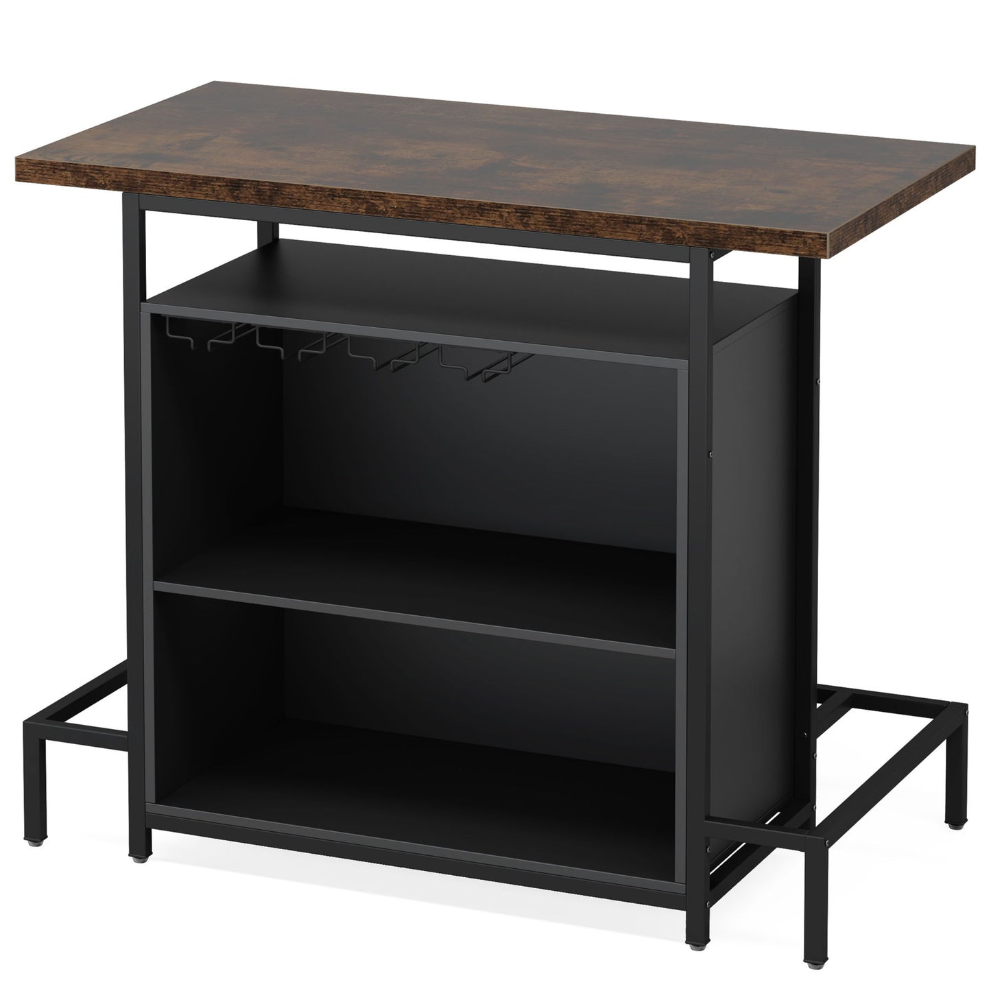Home Bar Cabinet With 3 Tier Storage & 4 Wine Glass Racks - Brown / Black