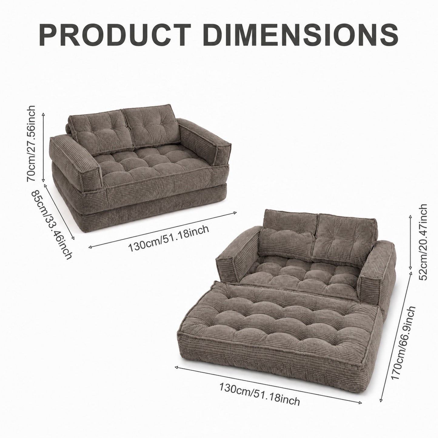 2 Seater Modular Corduroy Sofa With Chaise Lounge For Living Room