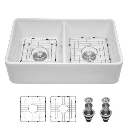 Double Bowl Apron Front Kitchen Sink 32", Sturdy And With Scratch Resistant - White