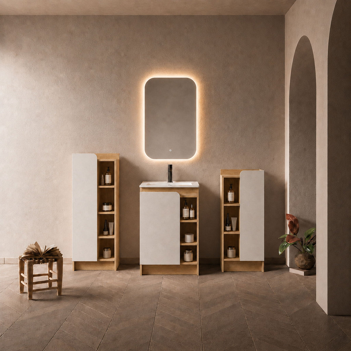 24" Bathroom Vanity With Sink & Tall And Low Side Cabinets, Vanity Set With Thin Edge Sink & Interchangeable Door Panels, 3 Piece Bathroom Storage Set - Black / Light Oak / White