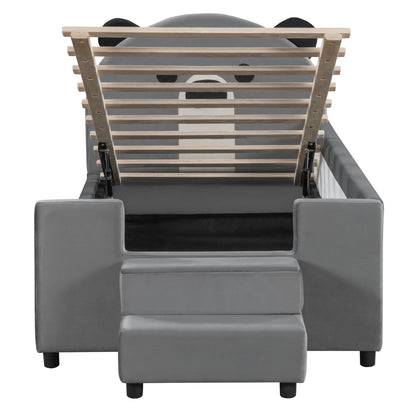 Upholstered Daybed With Bear Shaped Headboard, Hydraulic System And Breathable Fence