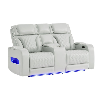Julian - Power Console Reclining Loveseat, LED & Speaker - Silver