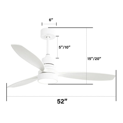 52" Ceiling Fan White 3 Blades Remote Control Reversible DC Motor With LED Light - Matte White