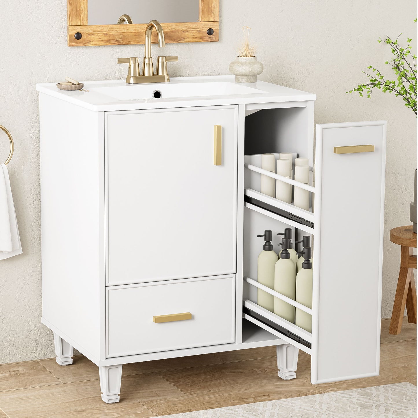 Bathroom Vanity With Sink, Deep Drawer, Door Shelf, 2 Tier Basket