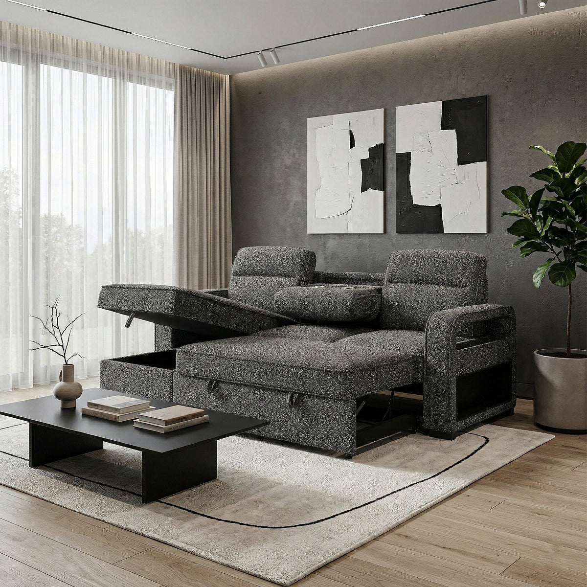 Mitchell - Reversible Sofabed With Storage Chaise, USB And Cup Holders - Dark Gray
