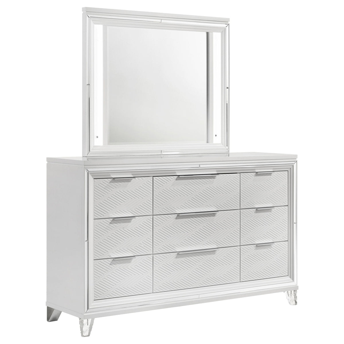 9 Drawer Dresser With LED Mirror, Touch Activated Lighting - White