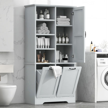 Freestanding Bathroom Storage Cabinet With Doors And Drawers, Adjustable Shelves, Tilt-Out Laundry Hamper