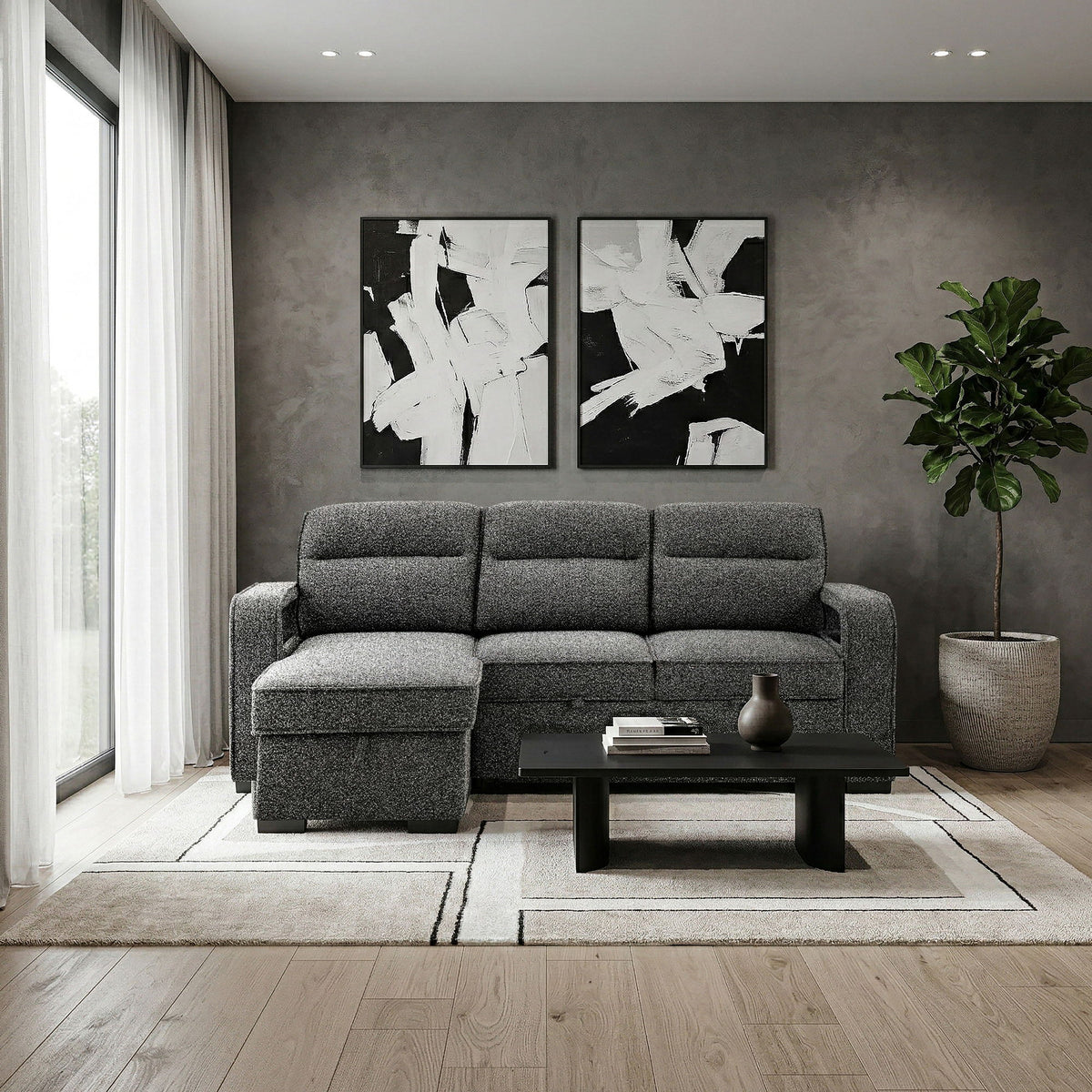 Mitchell - Reversible Sofabed With Storage Chaise, USB And Cup Holders - Dark Gray