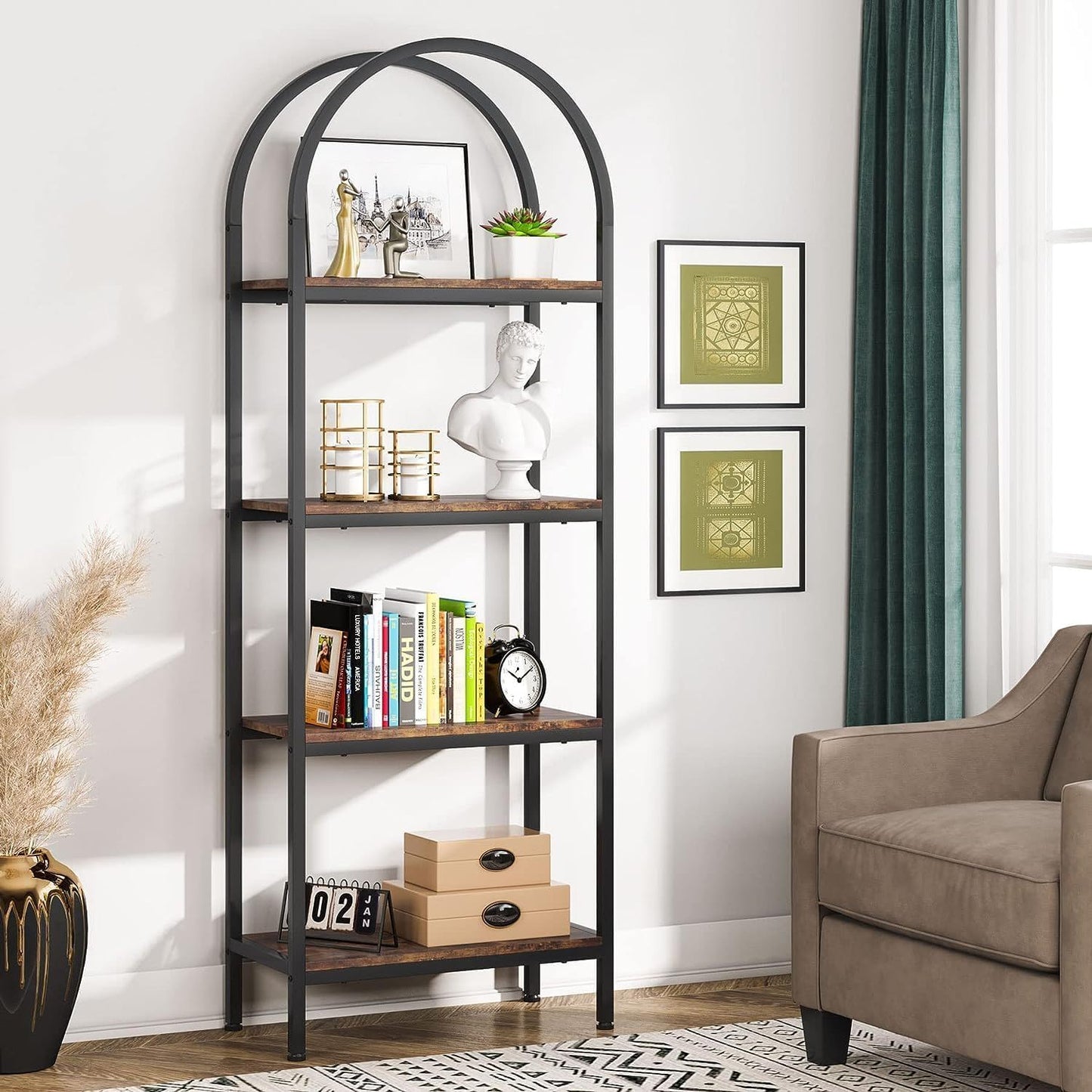 Industrial 4 Tier Open Bookshelf With Curved Top