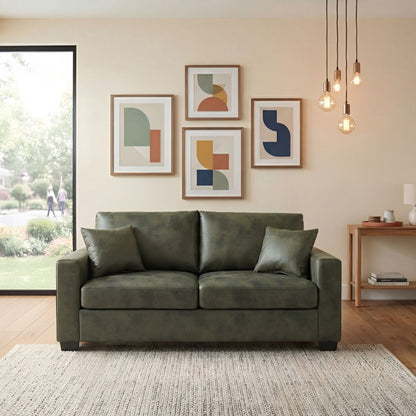 2 Seater Sofa, 2 Throw Pillows For Living Room - Olive Green