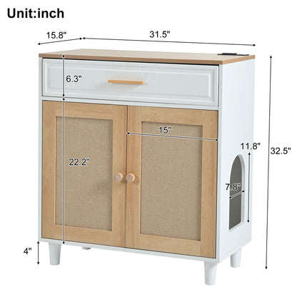 Pet Friendly Furniture Style Cat Litter Box House With Sisal Scratching Door And Charging Socket - Beige / White