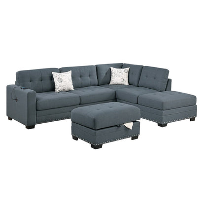 L - Shaped Sectional Sofa Set With Storage Ottoman, Tufted Upholstery Nailhead Trim