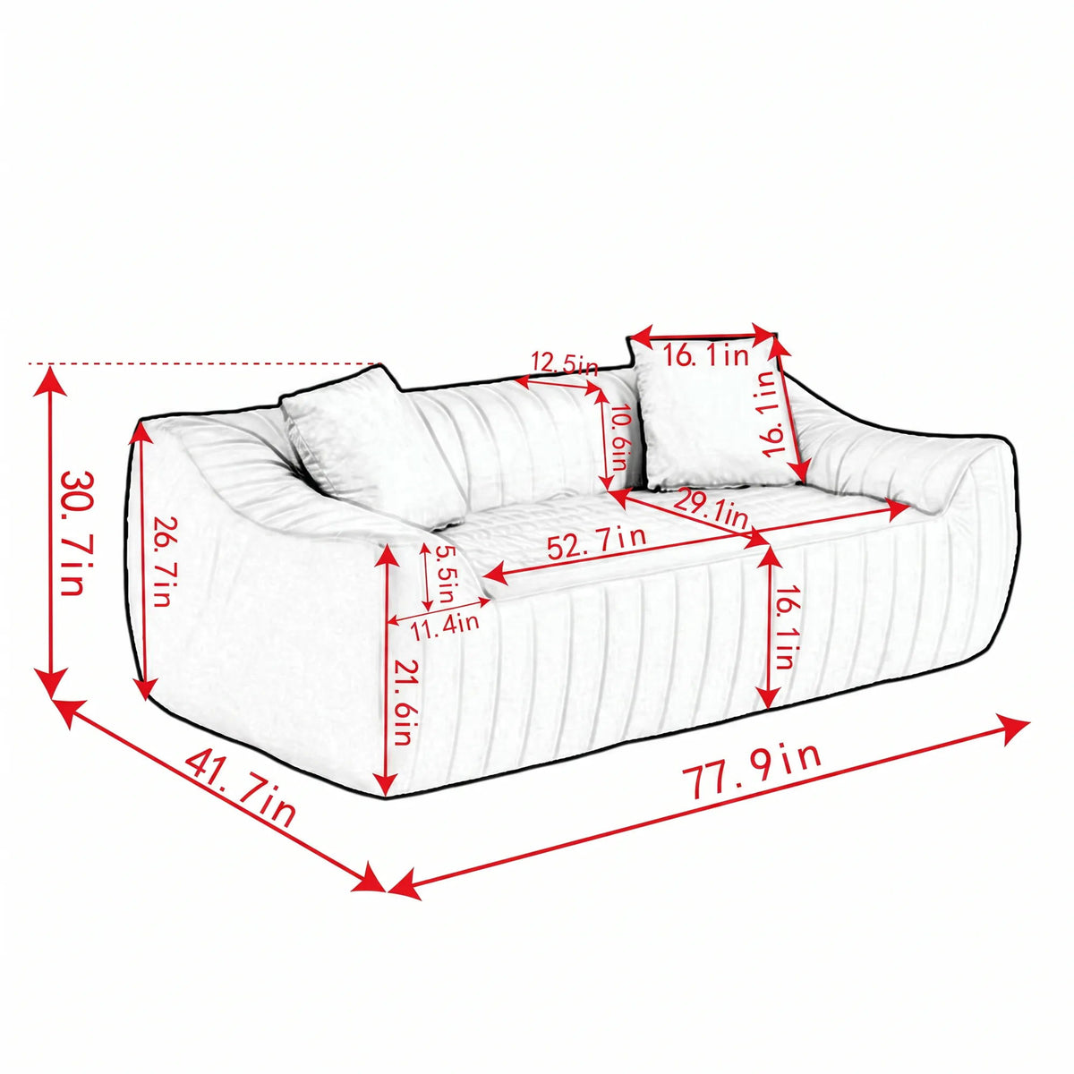 Oversized 2 Seater Loveseat With 2 Decor Throw Pillows, Deep Seat Sofa For Living Rooms