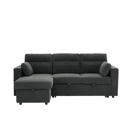 Convertible L - Shaped Sectional Sofa Bed With Storage Chaise, Cup Holders