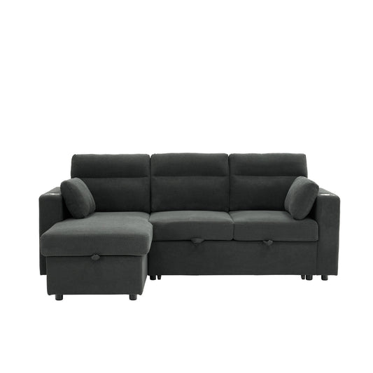 Convertible L - Shaped Sectional Sofa Bed With Storage Chaise, Cup Holders