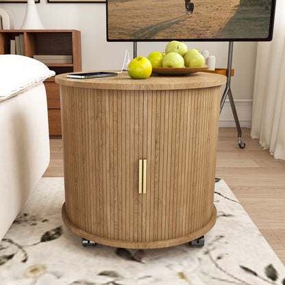 Cylinder Nightstand With Charging Station & Sliding Door