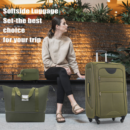 Softside Luggage 3 Piece Set With Duffel Bag 22" / 26" / 30" Lightweight Expandable Spinner Travel Case - Army Green